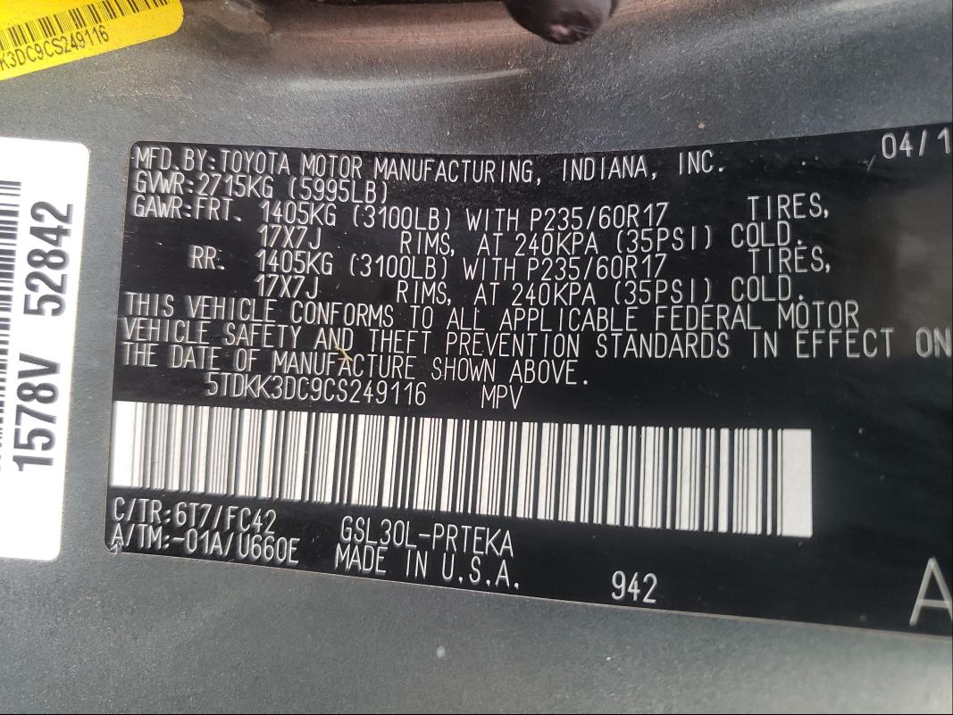 Photo 9 VIN: 5TDKK3DC9CS249116 - TOYOTA SIENNA LE 