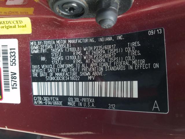 Photo 9 VIN: 5TDKK3DC9ES418022 - TOYOTA SIENNA LE 