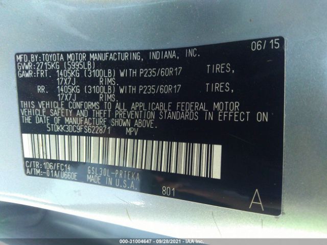 Photo 8 VIN: 5TDKK3DC9FS622871 - TOYOTA SIENNA 