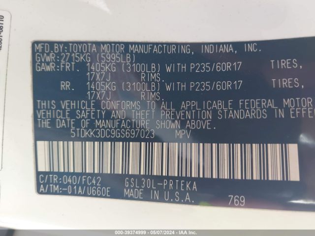 Photo 8 VIN: 5TDKK3DC9GS697023 - TOYOTA SIENNA 