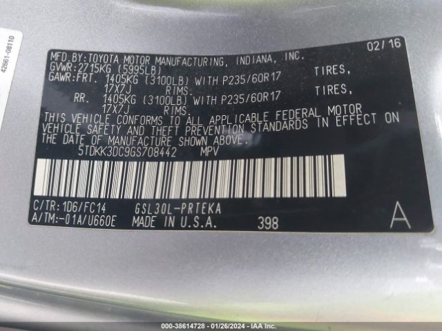 Photo 8 VIN: 5TDKK3DC9GS708442 - TOYOTA SIENNA 