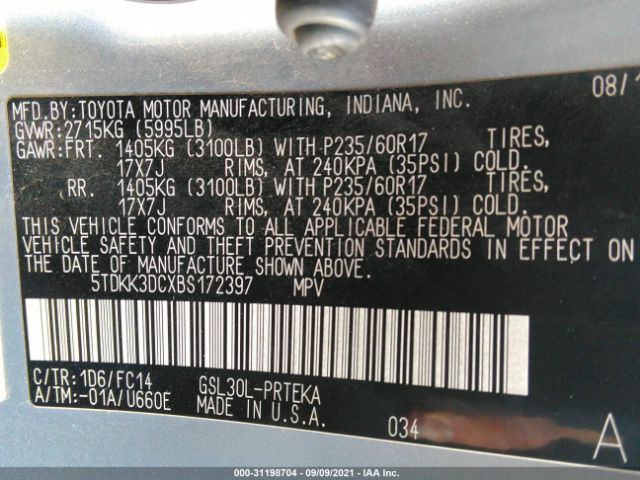 Photo 8 VIN: 5TDKK3DCXBS172397 - TOYOTA SIENNA 