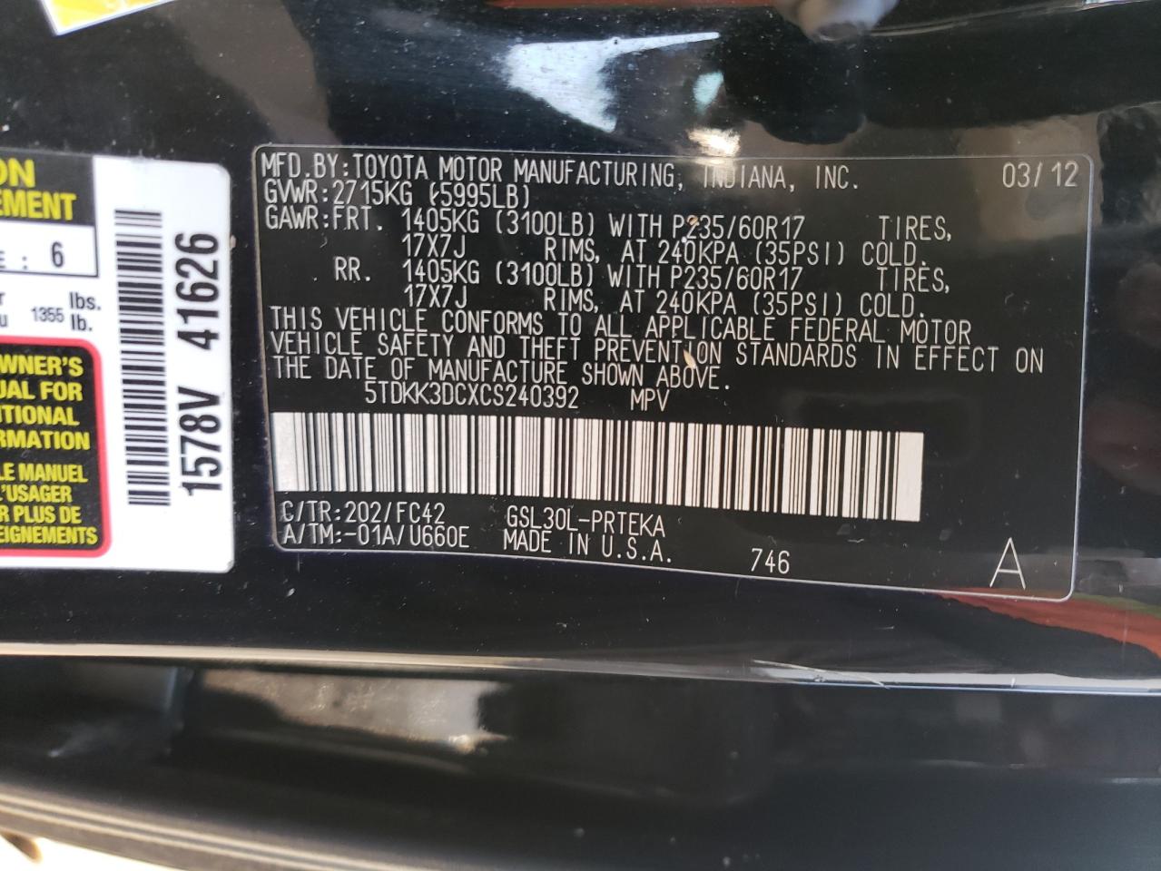 Photo 12 VIN: 5TDKK3DCXCS240392 - TOYOTA SIENNA 