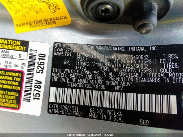 Photo 8 VIN: 5TDKK3DCXDS348190 - TOYOTA SIENNA 