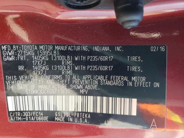 Photo 9 VIN: 5TDKK3DCXGS711835 - TOYOTA SIENNA LE 