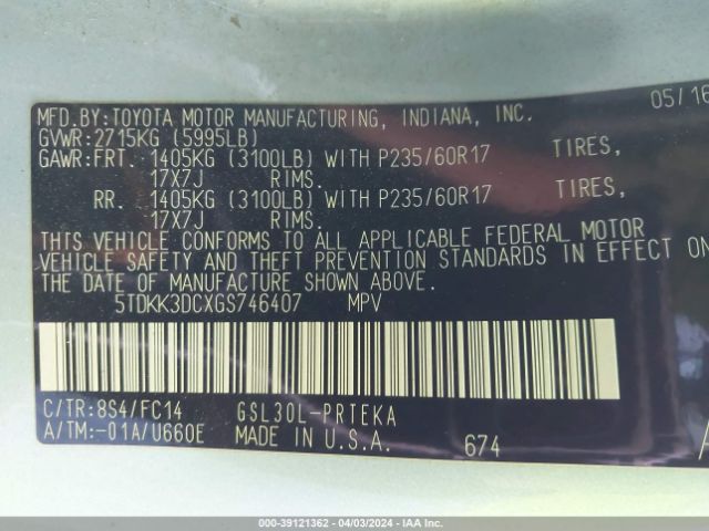 Photo 8 VIN: 5TDKK3DCXGS746407 - TOYOTA SIENNA 