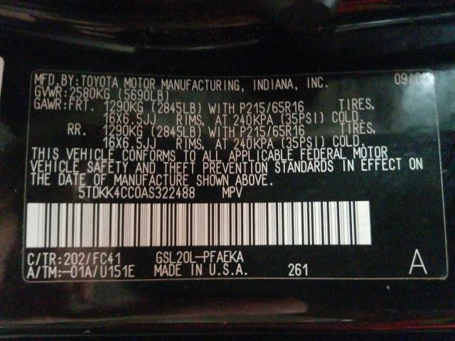 Photo 9 VIN: 5TDKK4CC0AS322488 - TOYOTA SIENNA CE 