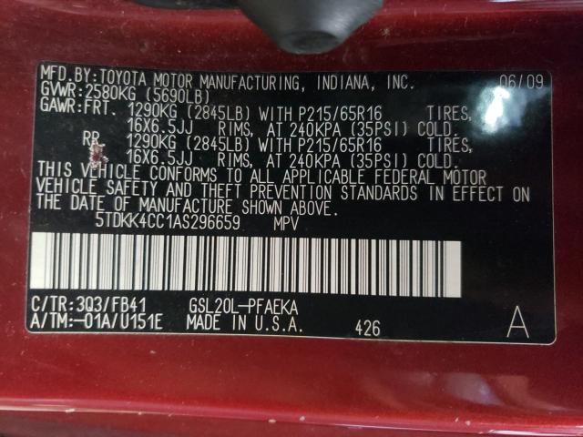 Photo 9 VIN: 5TDKK4CC1AS296659 - TOYOTA SIENNA CE 