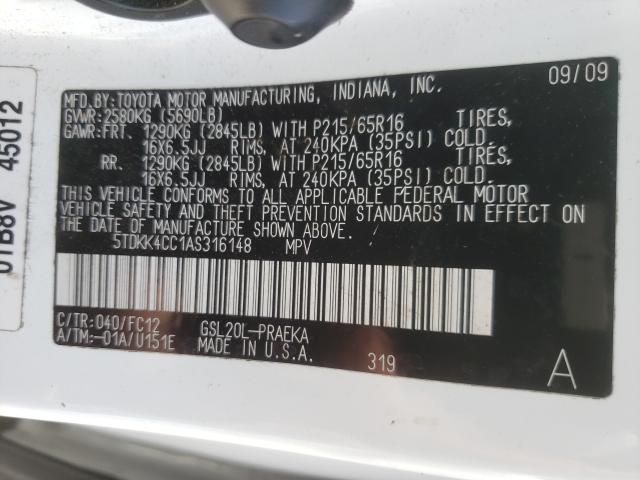 Photo 9 VIN: 5TDKK4CC1AS316148 - TOYOTA SIENNA CE 