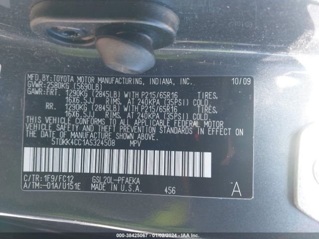 Photo 8 VIN: 5TDKK4CC1AS324508 - TOYOTA SIENNA 