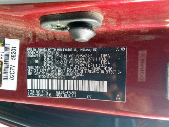 Photo 9 VIN: 5TDKK4CC2AS292278 - TOYOTA SIENNA CE 