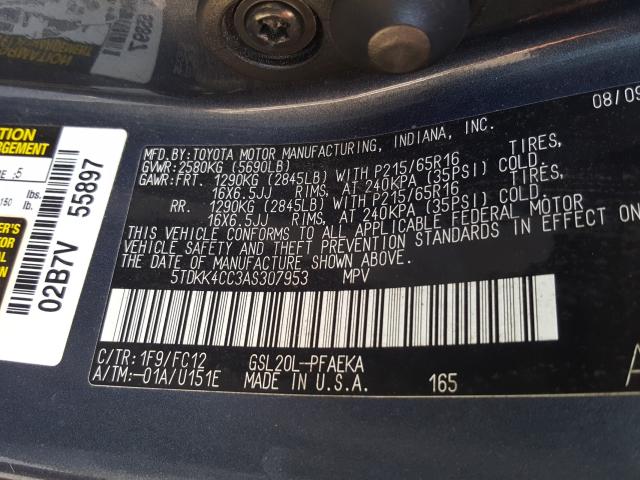 Photo 9 VIN: 5TDKK4CC3AS307953 - TOYOTA SIENNA CE 