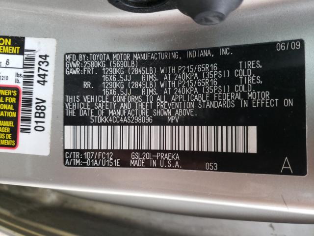 Photo 9 VIN: 5TDKK4CC4AS298096 - TOYOTA SIENNA CE 