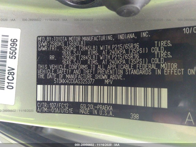 Photo 8 VIN: 5TDKK4CC6AS325377 - TOYOTA SIENNA 