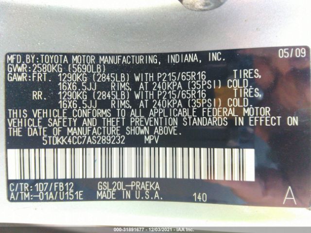 Photo 8 VIN: 5TDKK4CC7AS289232 - TOYOTA SIENNA 