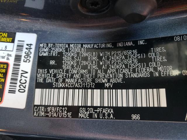 Photo 9 VIN: 5TDKK4CC7AS311312 - TOYOTA SIENNA CE 