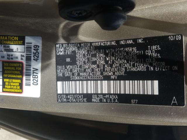 Photo 9 VIN: 5TDKK4CC7AS332225 - TOYOTA SIENNA CE 