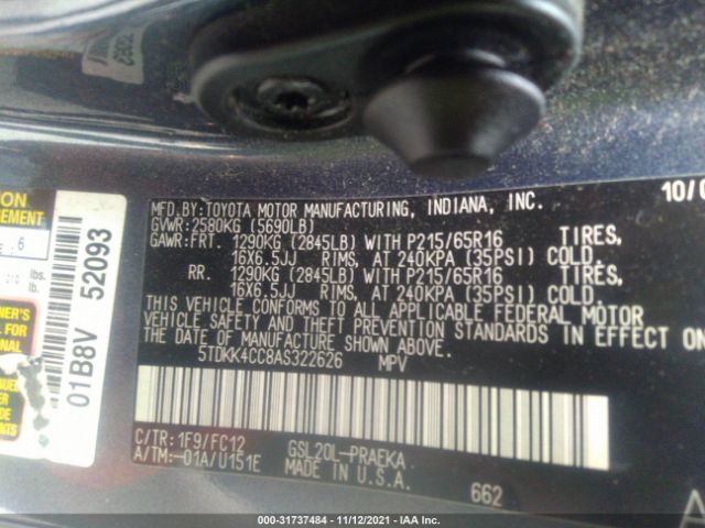 Photo 8 VIN: 5TDKK4CC8AS322626 - TOYOTA SIENNA 