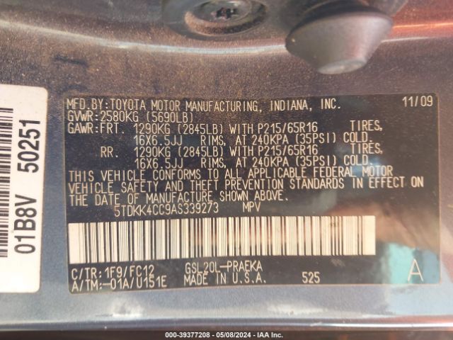 Photo 8 VIN: 5TDKK4CC9AS339273 - TOYOTA SIENNA 