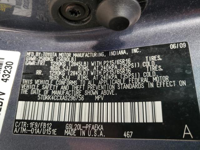 Photo 9 VIN: 5TDKK4CCXAS296756 - TOYOTA SIENNA CE 