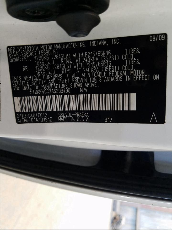 Photo 9 VIN: 5TDKK4CCXAS309490 - TOYOTA SIENNA CE 