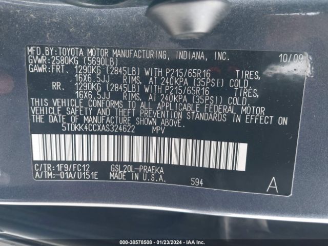 Photo 8 VIN: 5TDKK4CCXAS324622 - TOYOTA SIENNA 