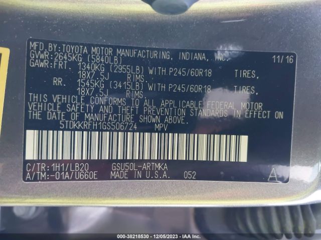 Photo 8 VIN: 5TDKKRFH1GS506724 - TOYOTA HIGHLANDER 