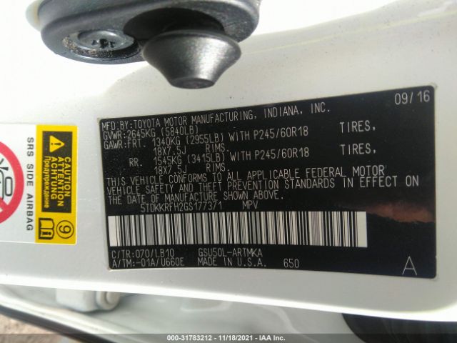 Photo 8 VIN: 5TDKKRFH2GS177371 - TOYOTA HIGHLANDER 