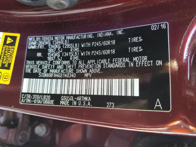 Photo 13 VIN: 5TDKKRFH4GS140340 - TOYOTA HIGHLANDER 