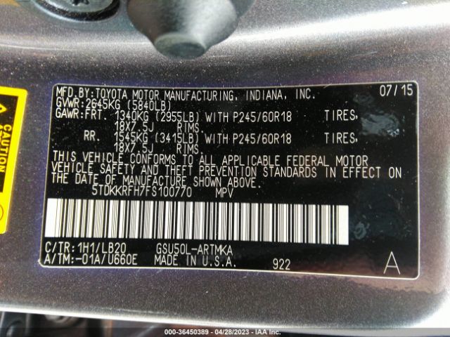 Photo 8 VIN: 5TDKKRFH7FS100770 - TOYOTA HIGHLANDER 