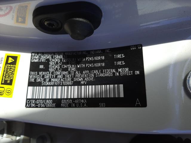 Photo 9 VIN: 5TDKKRFH7FS109887 - TOYOTA HIGHLANDER 