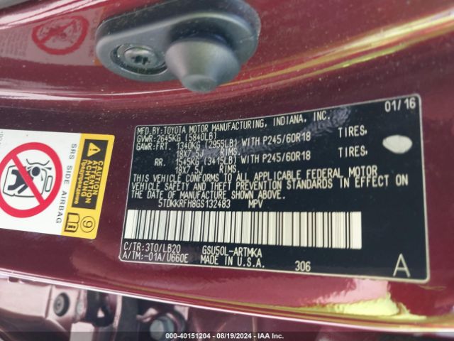 Photo 8 VIN: 5TDKKRFH8GS132483 - TOYOTA HIGHLANDER 