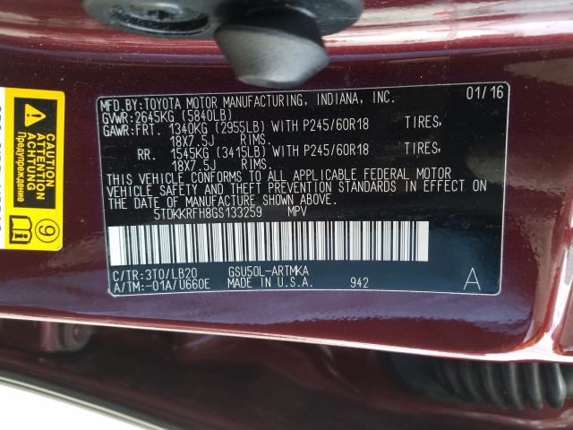 Photo 9 VIN: 5TDKKRFH8GS133259 - TOYOTA HIGHLANDER 