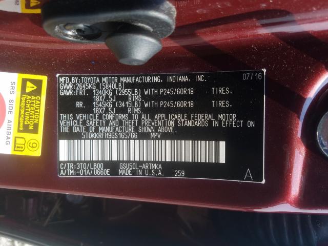 Photo 9 VIN: 5TDKKRFH9GS165766 - TOYOTA HIGHLANDER 