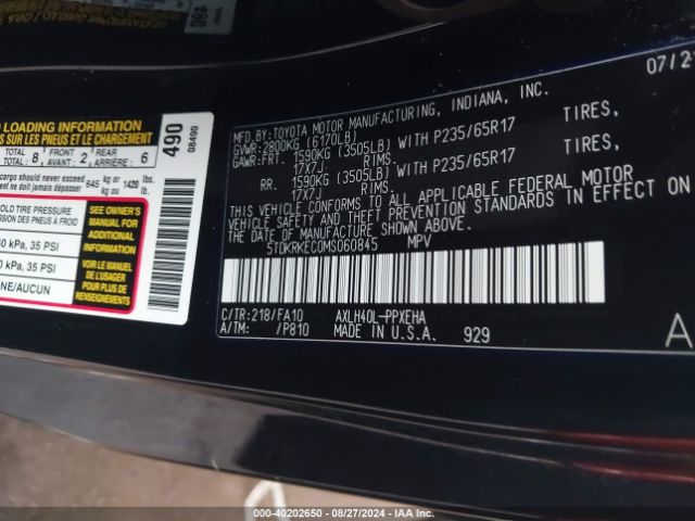 Photo 8 VIN: 5TDKRKEC0MS060845 - TOYOTA SIENNA 