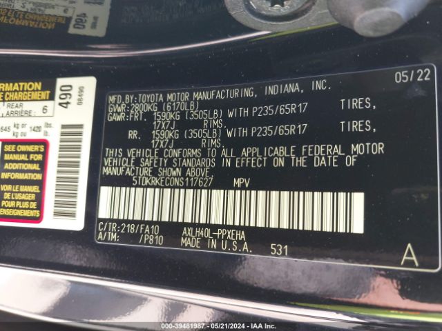 Photo 8 VIN: 5TDKRKEC0NS117627 - TOYOTA SIENNA 