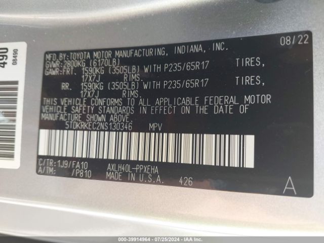 Photo 8 VIN: 5TDKRKEC2NS130346 - TOYOTA SIENNA 