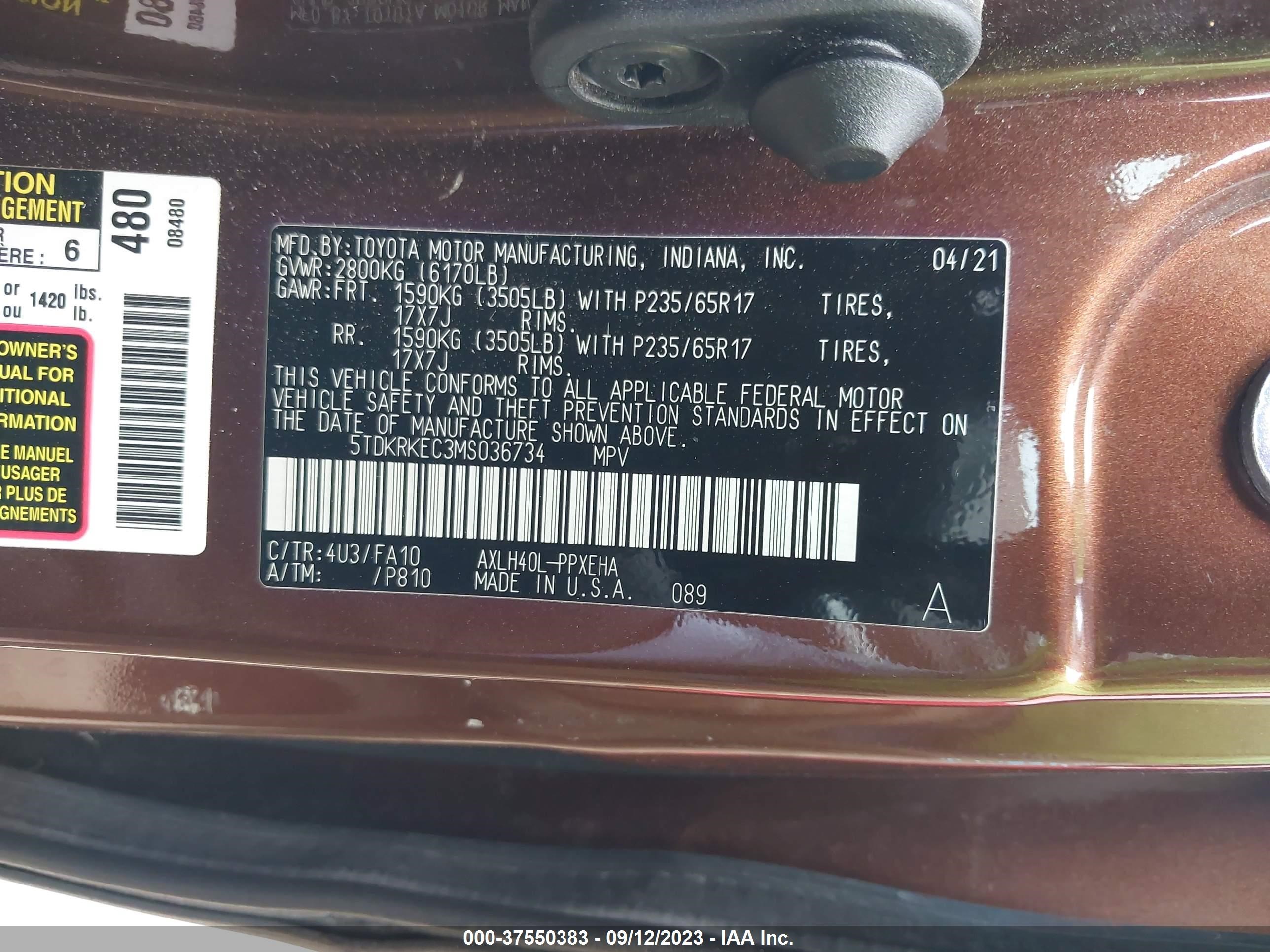 Photo 8 VIN: 5TDKRKEC3MS036734 - TOYOTA SIENNA 