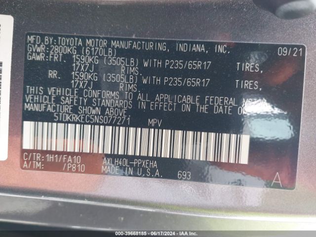 Photo 8 VIN: 5TDKRKEC5NS077271 - TOYOTA SIENNA 