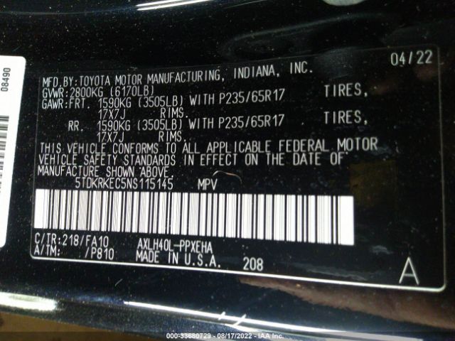 Photo 8 VIN: 5TDKRKEC5NS115145 - TOYOTA SIENNA 