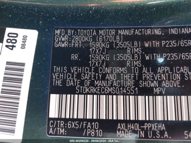 Photo 8 VIN: 5TDKRKEC6MS014551 - TOYOTA SIENNA 