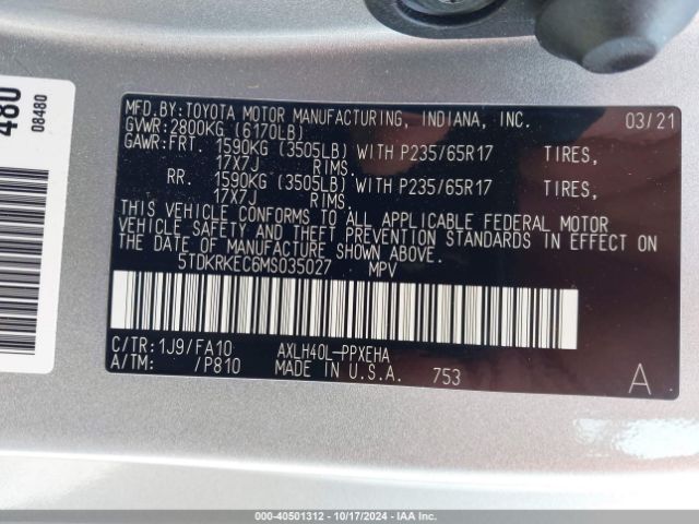 Photo 8 VIN: 5TDKRKEC6MS035027 - TOYOTA SIENNA 