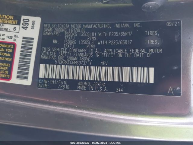 Photo 8 VIN: 5TDKRKEC6MS073714 - TOYOTA SIENNA 