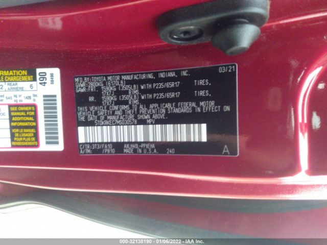 Photo 8 VIN: 5TDKRKEC7MS030578 - TOYOTA SIENNA 