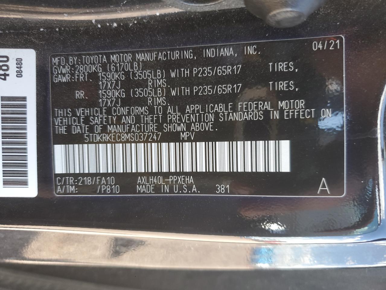 Photo 11 VIN: 5TDKRKEC8MS037247 - TOYOTA SIENNA 