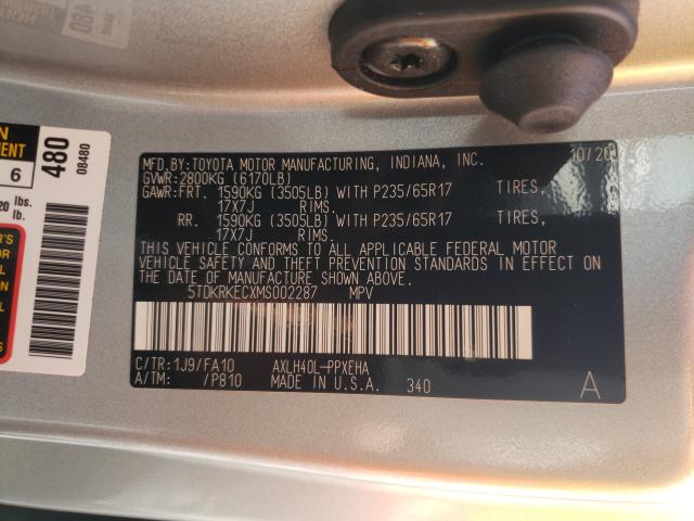 Photo 9 VIN: 5TDKRKECXMS002287 - TOYOTA SIENNA LE 