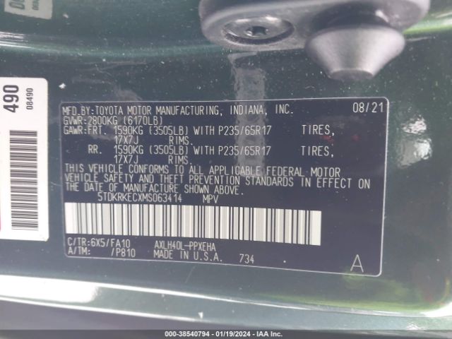 Photo 8 VIN: 5TDKRKECXMS063414 - TOYOTA SIENNA 