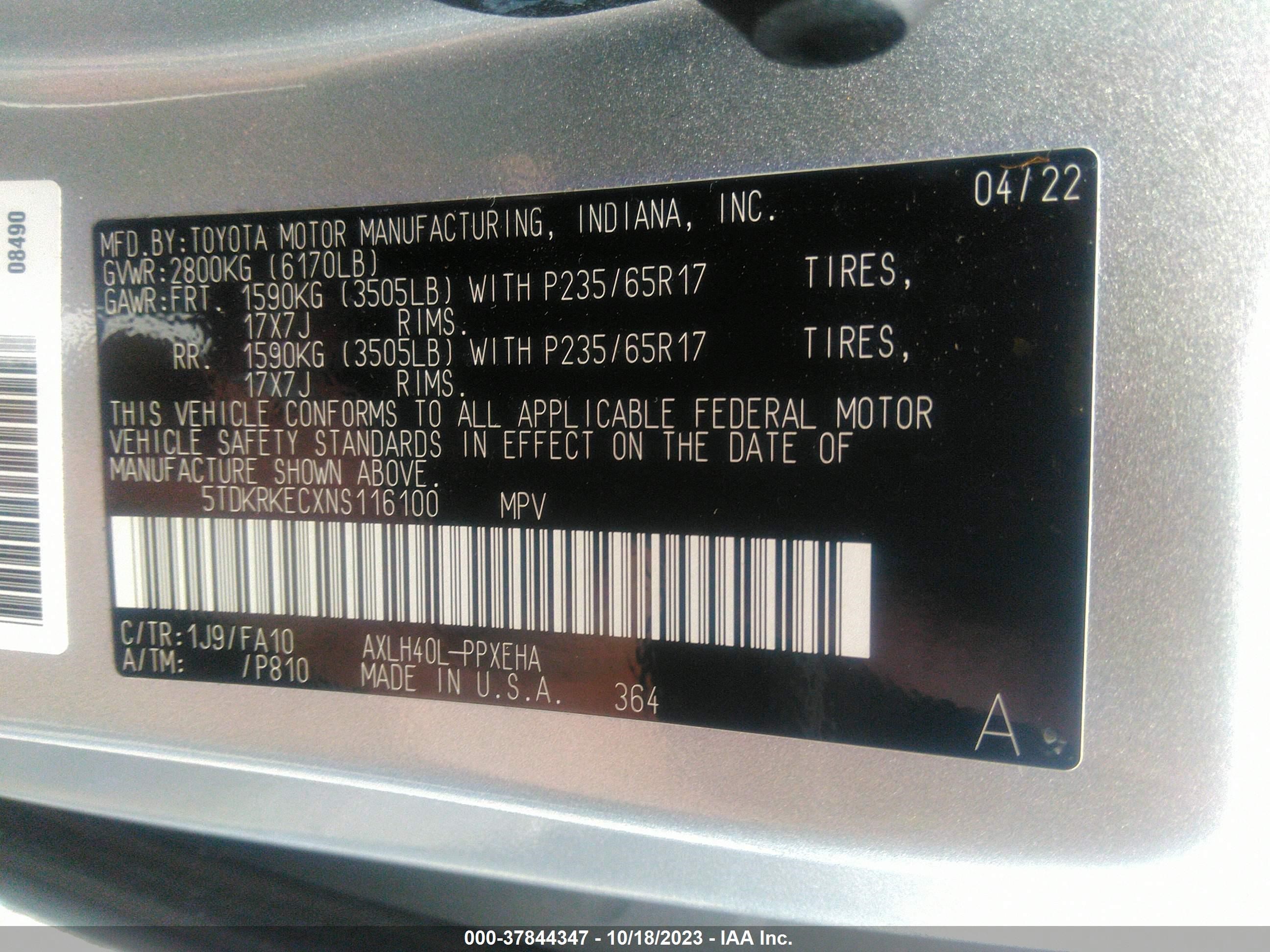 Photo 8 VIN: 5TDKRKECXNS116100 - TOYOTA SIENNA 