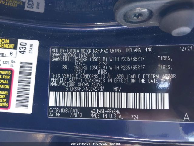 Photo 8 VIN: 5TDKSKFC4NS049707 - TOYOTA SIENNA 