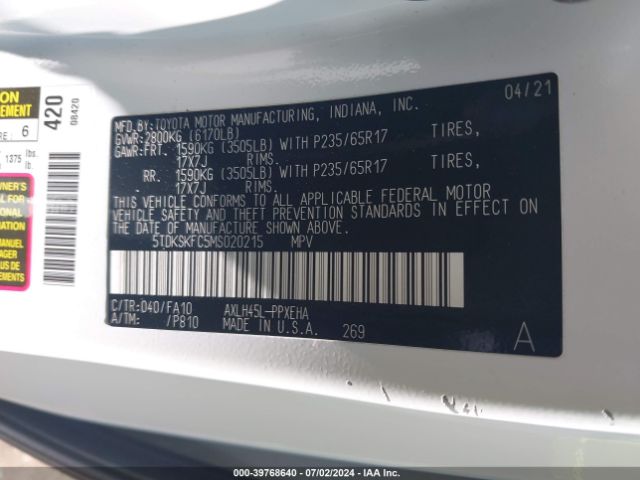 Photo 8 VIN: 5TDKSKFC5MS020215 - TOYOTA SIENNA 